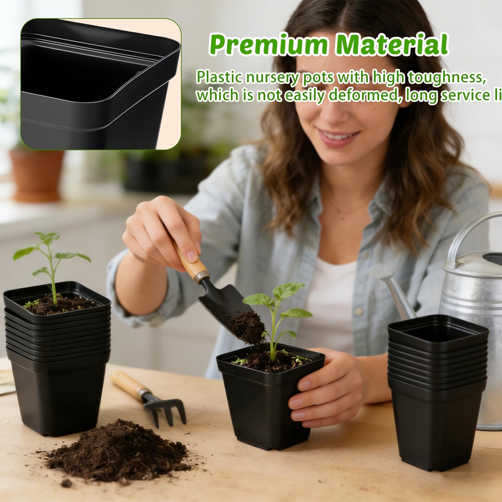 NNG 100 macetas cuadradas negras de 2.4 pulgadas, 5 bandejas de plástico para iniciar semillas, kit de iniciación de propagación de plantas, macetas cuadradas con agujeros de drenaje