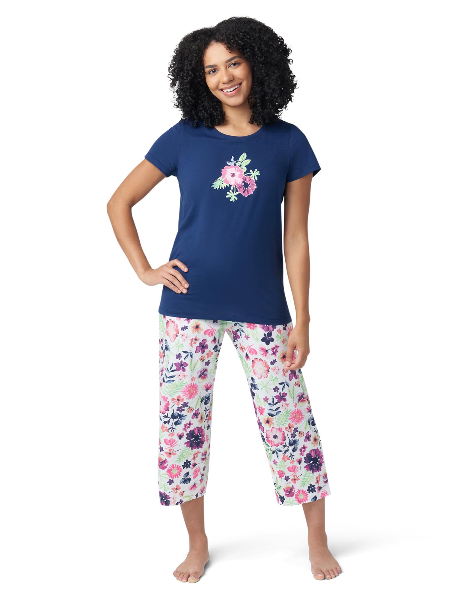 HUE Printed Knit Short Sleeve Tee and Capri 2 Piece Pajama Set Sleepwear