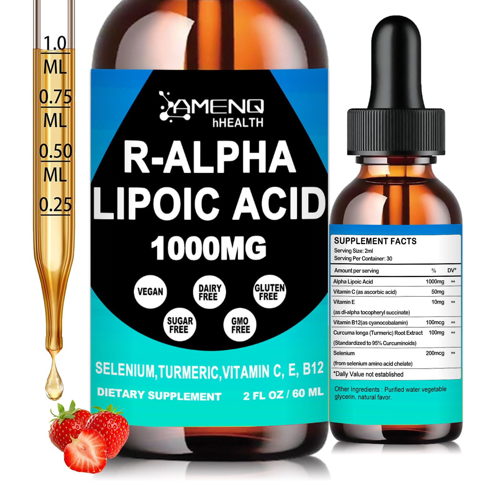 AMENQ hHEALTH Suplemento líquido de ácido alfa-lipoico R com vitaminas C, E e B12, cúrcuma e selênio 1.000 mg — 60 mL