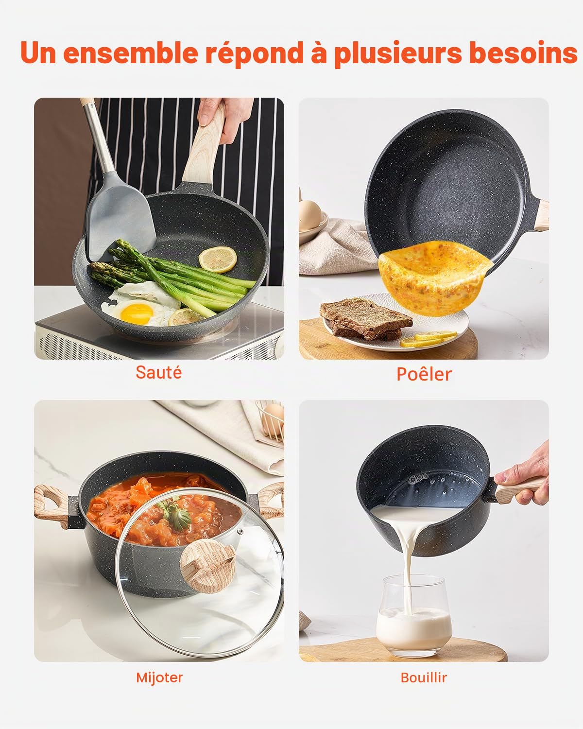 VEVOR Batterie de cuisine, 17 pcs, ensemble de casseroles et poêles à induction avec revêtement anti-adhésif en granit, couvercles en verre trempé, avec friture, sauce, sauté, passe au gril, noir