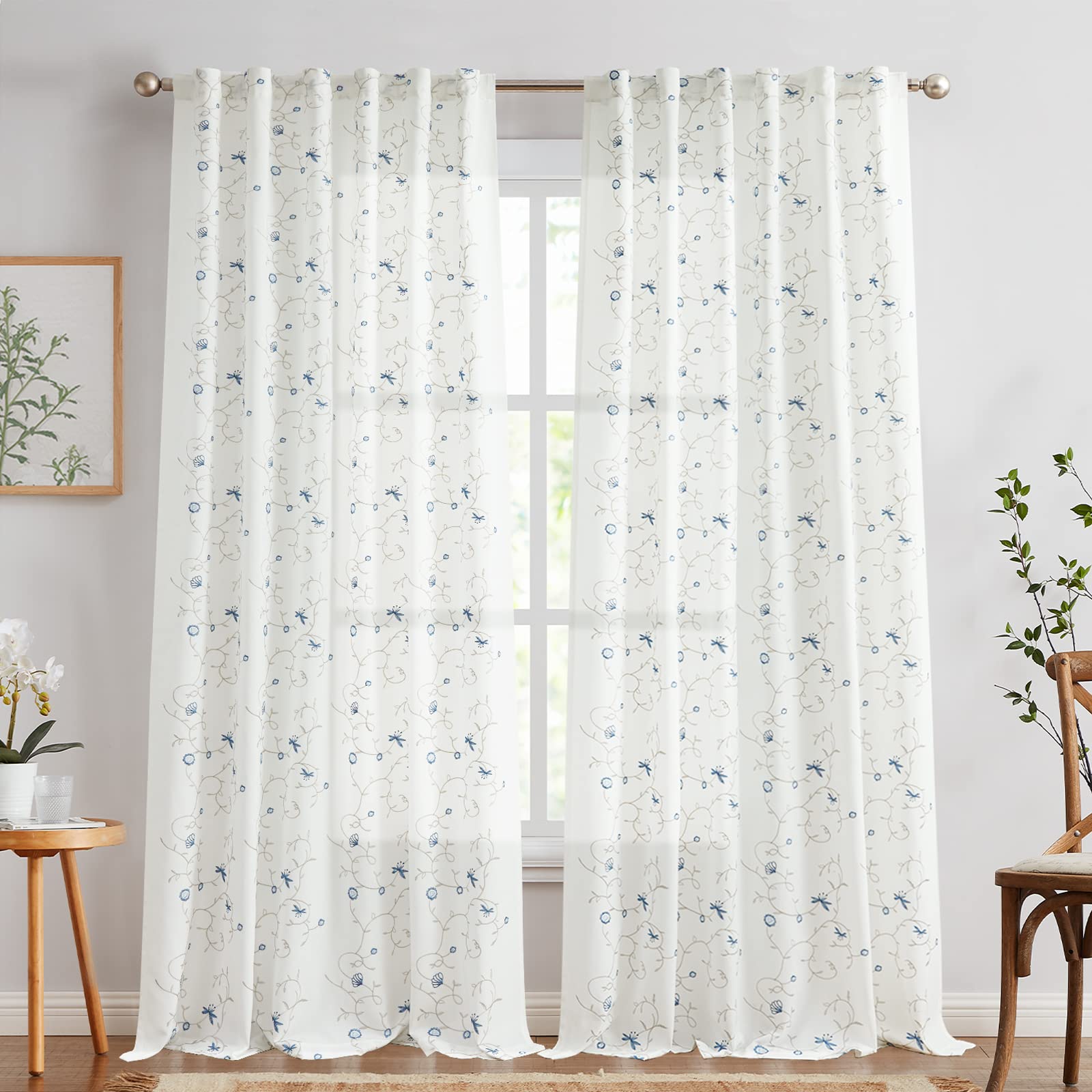 jinchan White Curtains 84 Inch Length Farmhouse Curtains with Blue Floral Embroidery Rod Pocket Back Tab Light Filtering Drapes Bedroom Dinning Room Living Room Window Curtain Set 2 Panels