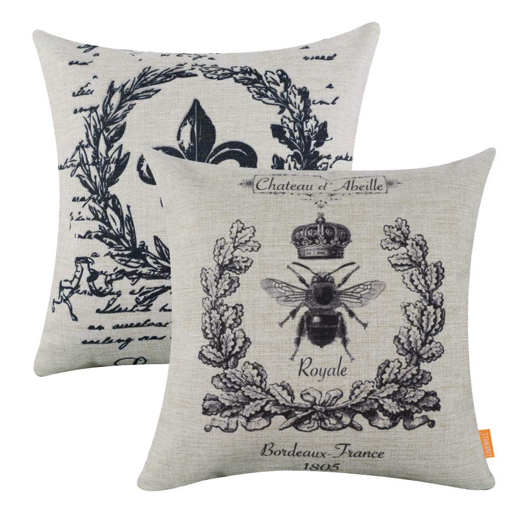 LINKWELL Pack of 2, Square Throw Pillow Covers Set Decorative Cushion Case for Sofa Bedroom Car Couch 18 x 18 Inch - Black Queen Bee and Fleur De LYS CC623-742
