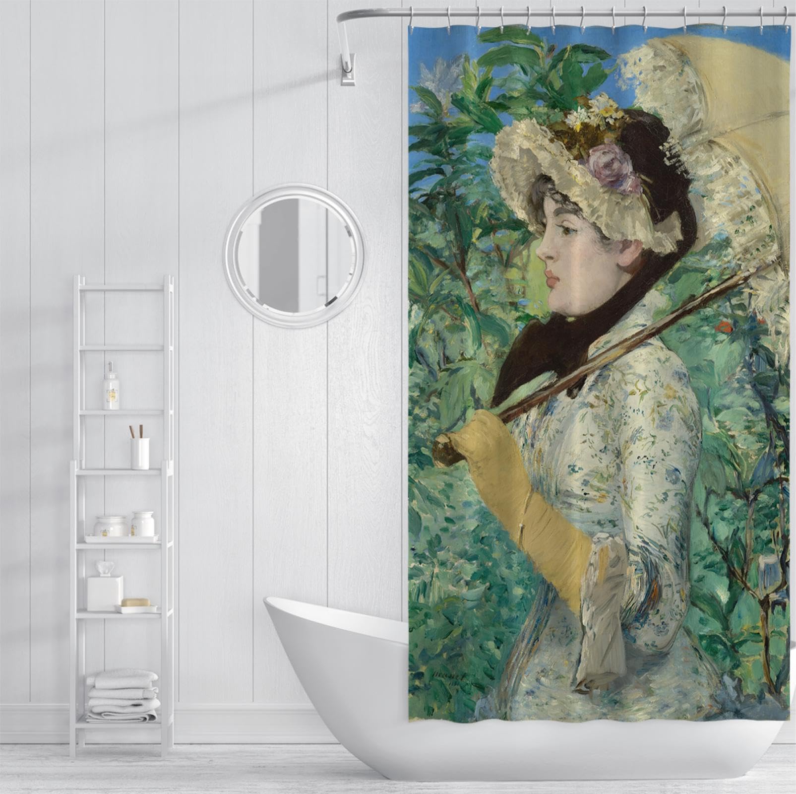 Peinture à l’Huile Style Rideau de Douche Doublure Jeanne (Printemps) Bain Doublure de Rideau de Douche avec Crochets Tissu Extra Long Séparation sèche et Humide 200 x 240 cm