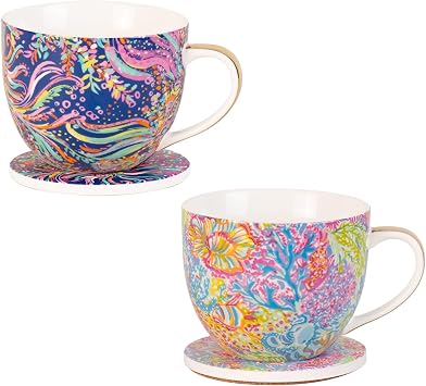 KAMMAK Coffee Mugs Ceramic Tea Cups Set of 2, 15 oz Porcelain Espresso Cups with Coaster Large Novelty Mugs with Handle for Cappuccino, Latte, Americano, Breakfast Cereal, Hot Cocoa Purple + Ocean