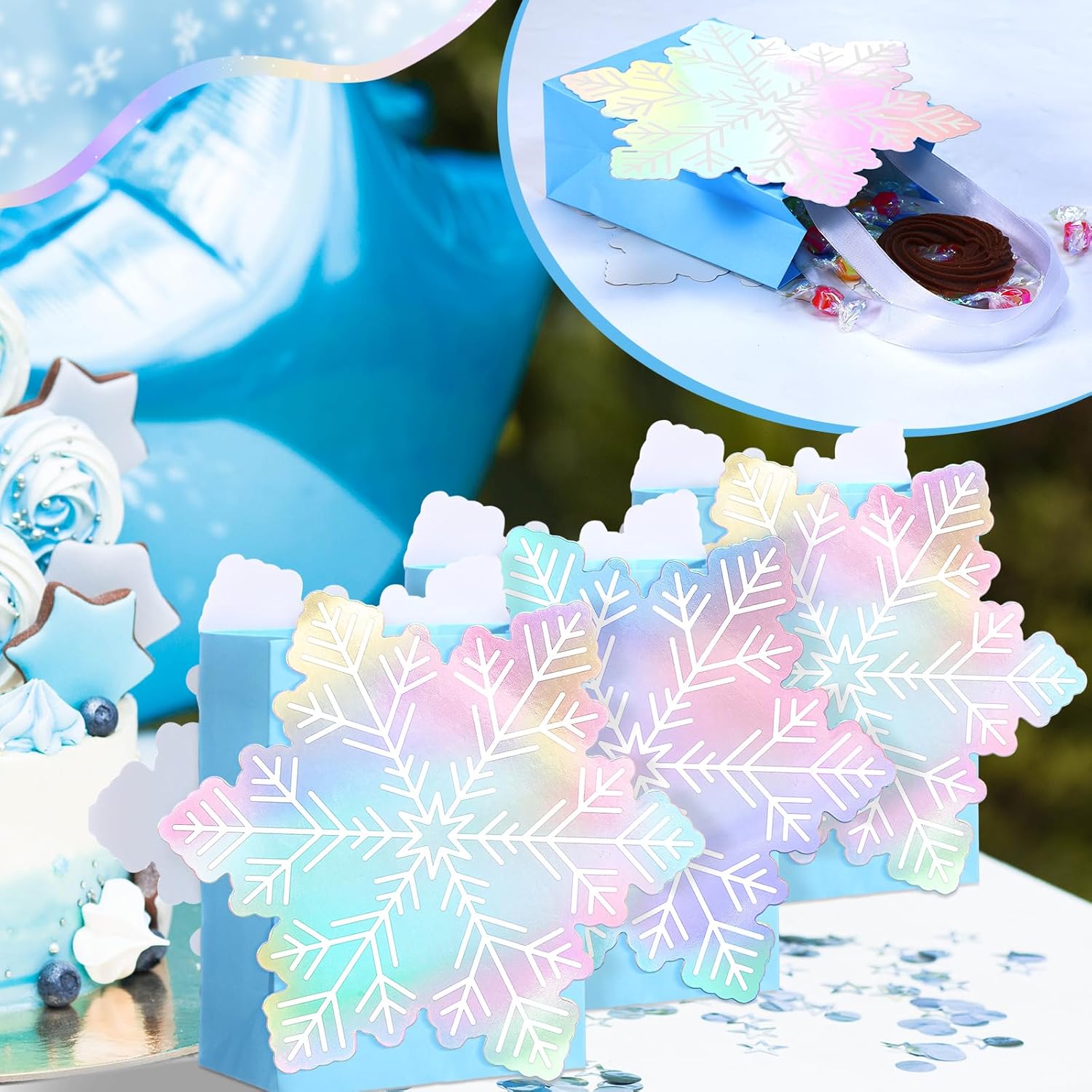 Kolldenn 12 Pack Winter Snowflake Gift Bag Holographic Snowflake Party Favors Gift Bags with Handle Paper Candy Treat Goodie Princess Bags for Wonderland Holiday Birthday Party Supplies - Image 3