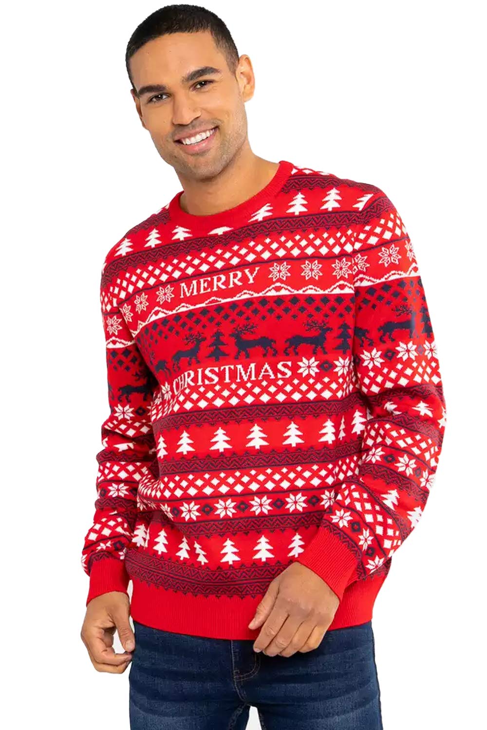 Mens Christmas Threadbare Jumper Ho Ho Snow Tree Baked Stripe Pattern Novelty Pullover Sweater Red