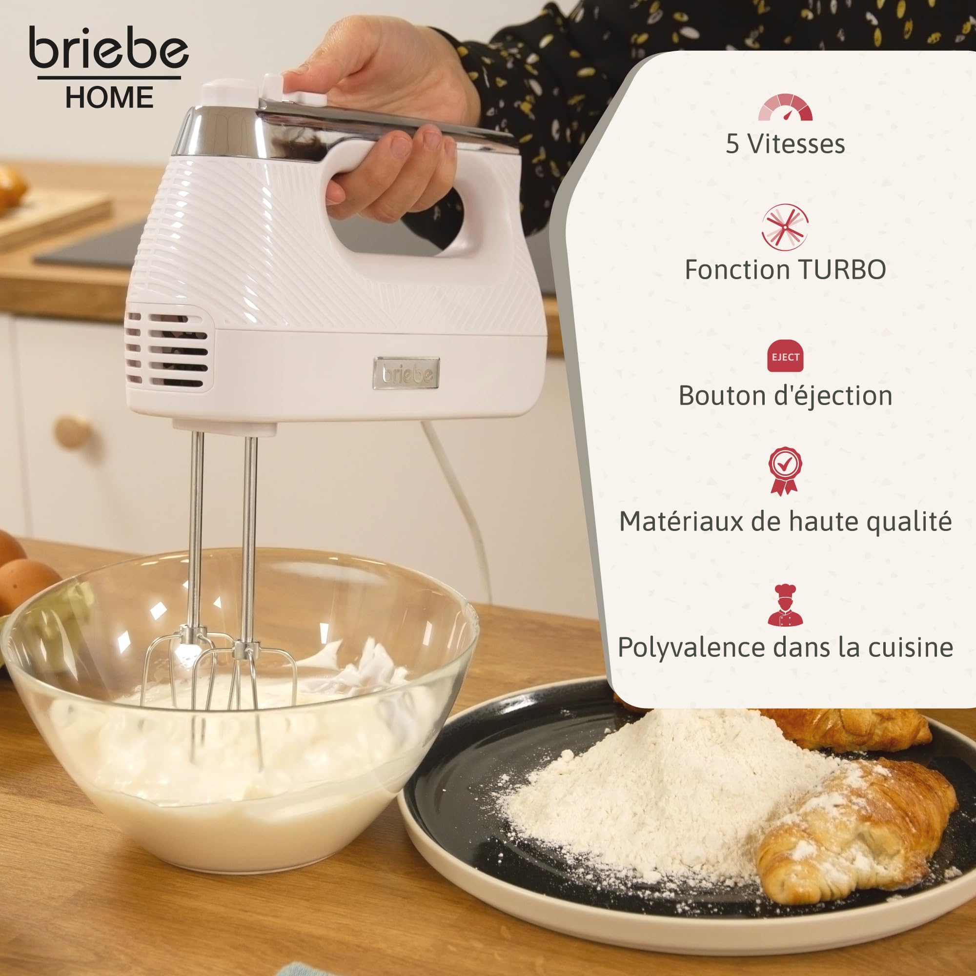 briebe Elegance Batteur Electrique Cuisine 400W, Mixeur Spécial Pâtisserie, 5 Vitesses + Turbo, Inox Accessoires Fouet et Pétrissage, Blancs d'œufs, Crème, Pâte à Pizza, Génoise, Blanc