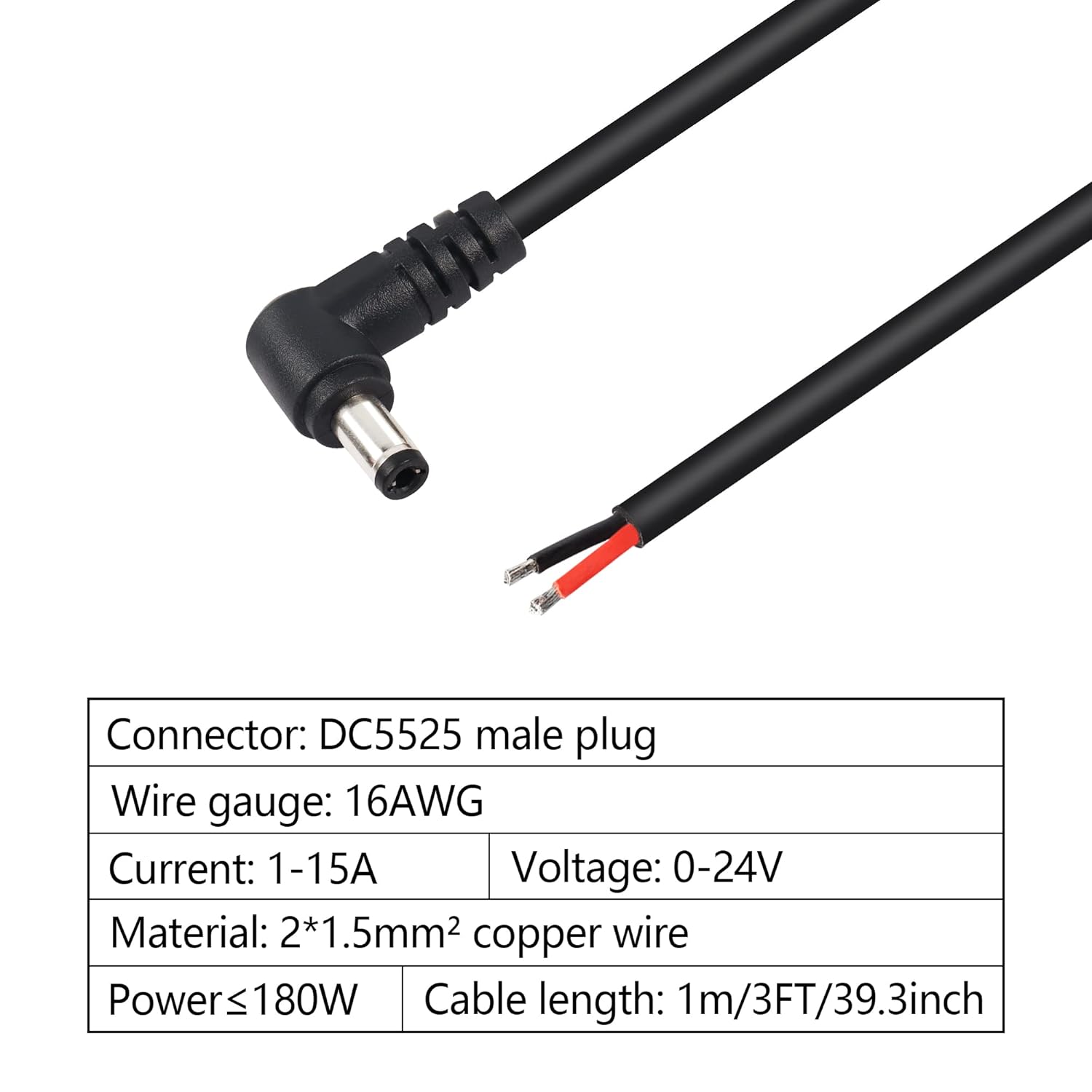 GINTOOYUN 2 Pack 90 Degree DC Power Pigtails Cable, Right Angle DC 5.5mm x 2.5mm Male Plug to Bare Wire Open End Power Supply Replacement Repair Cord, for Monitors, LED Strip Light, Camera,3FT 1m - Image 3
