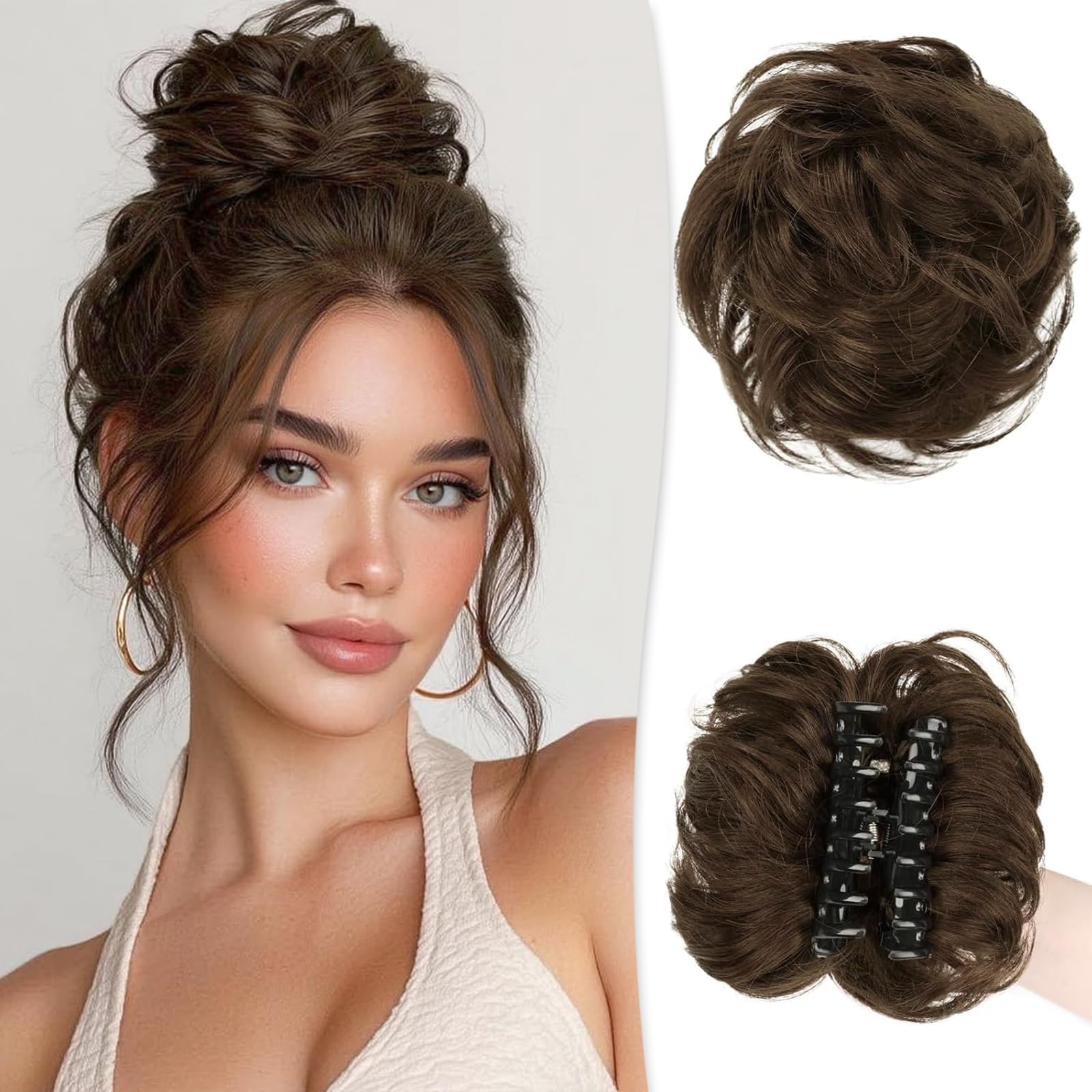 RUWISS Claw Clip Messy Bun Hair Piece Real Human Hair Buns Wavy Curly Chignon Hair Bun Extensions Tousled Updo Hair Buns Claw Clip Ponytail Hairpieces