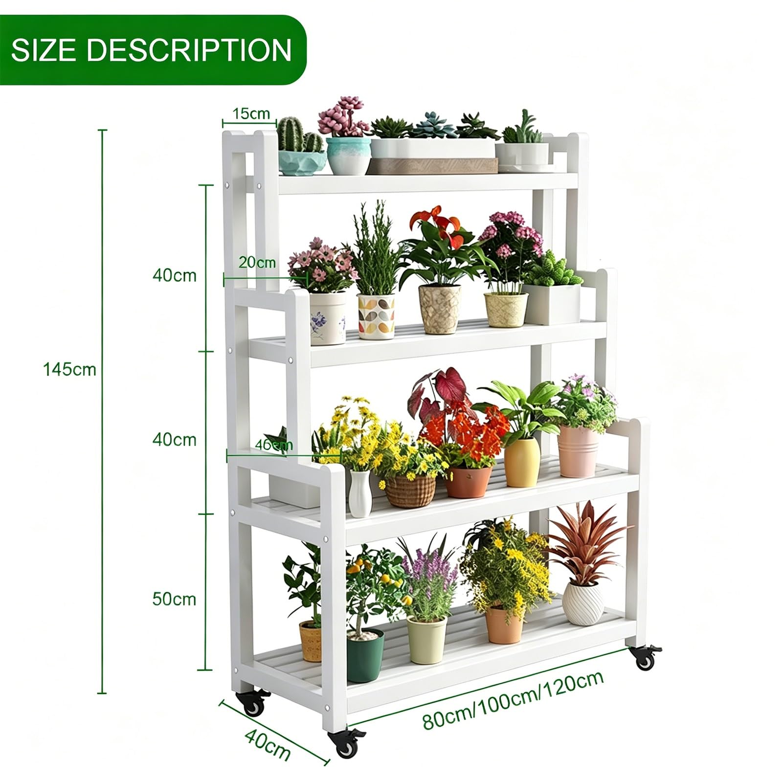 Supporto per piante a 4 livelli in metallo bianco con ruote e freni - Scaffale per fioriera con scala resistente, espositore per vasi da fiori ad angolo (altezza 145 cm)(120x40x145cm)