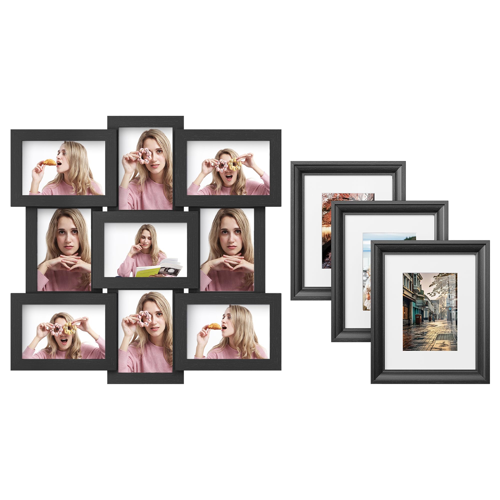SONGMICS 2 Items Bundle - 4x6 Collage Picture Frames and Set of 10 Picture Frames with 16 Mats, Hanging or Tabletop Display, Glass Front, Ash Black and Ink Black URPF049B01 and URPF029B01