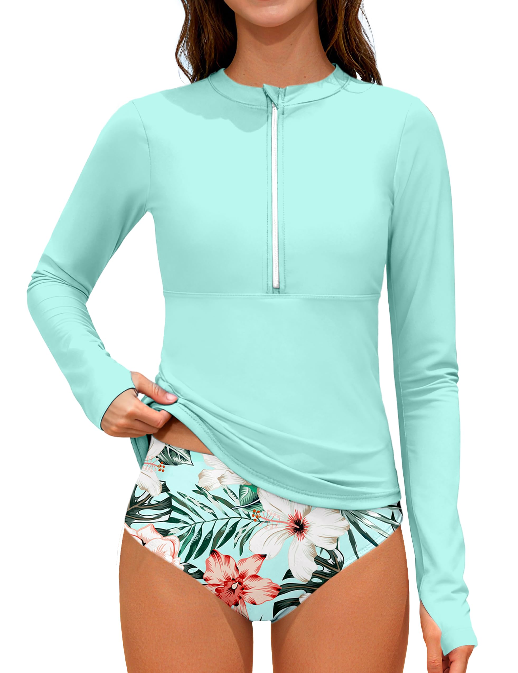 Photo 1 of ADIFUN Girls' Rash Guard Swimsuit Set - Long Sleeve, Half-Zip, UPF 50+