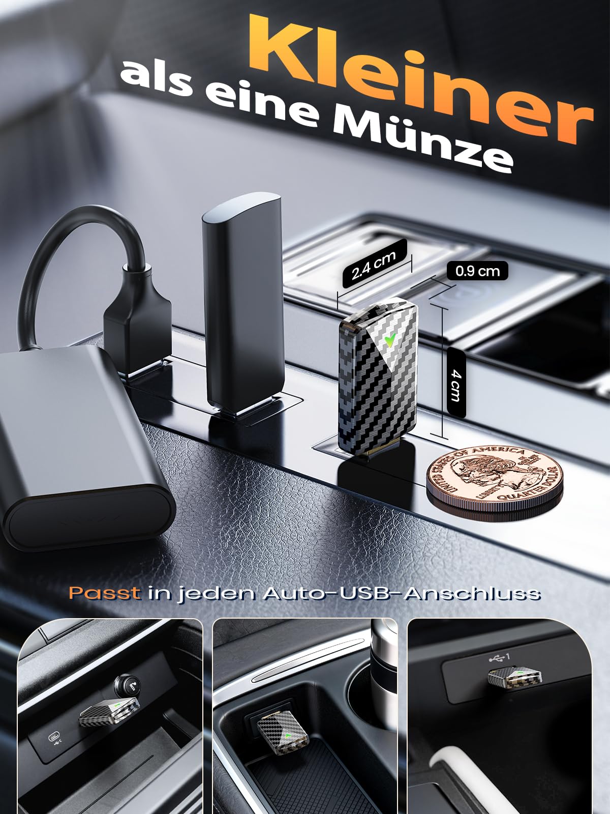Mini CarPlay Wireless Adapter für Apple iPhone, Android Auto Wireless Adapter mit Auto GPS Navigation, Karbonfaser Design, Metall USB-A/C, Schnell & Stabil, Kompatibel mit iPhone (iOS 10+)/Android 10+