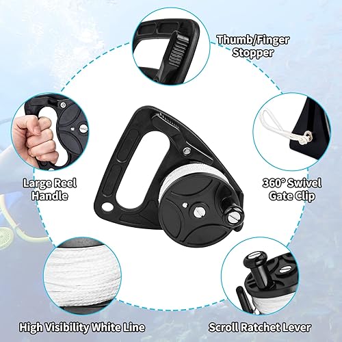 Miniatura 10 de Carrete de buceo con tapón de pulgar, resistente 46m/150ft White Line SMB Scuba Ratchet Dive Reel con interruptor de tope de mango para cueva