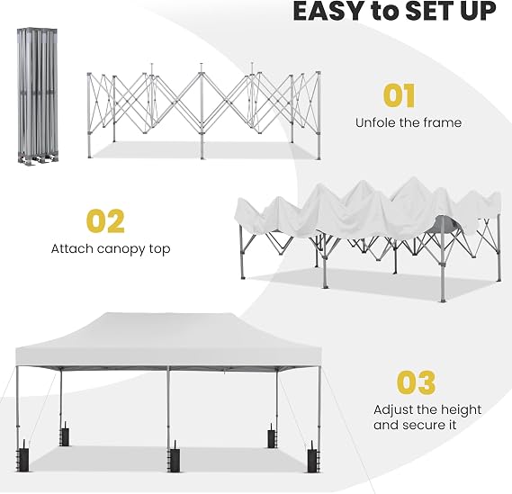 10x20 ft Pop up Canopy Tent, GDY Folding Heavy Duty Height Adjustable Shelter Gazebos with Wheeled Bag, White.