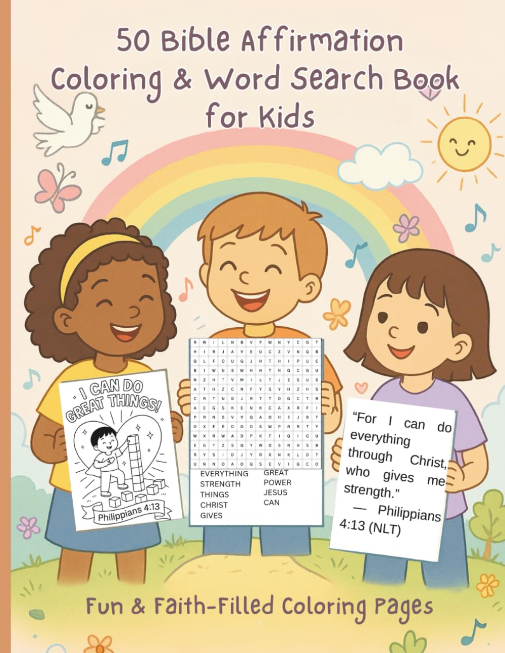 50 Bible Affirmation Coloring & Word Search Book for Kids: A Fun Christian Activity Book with Bible Verses, Positive Affirmations, Coloring Pages & Word Puzzles for Kids