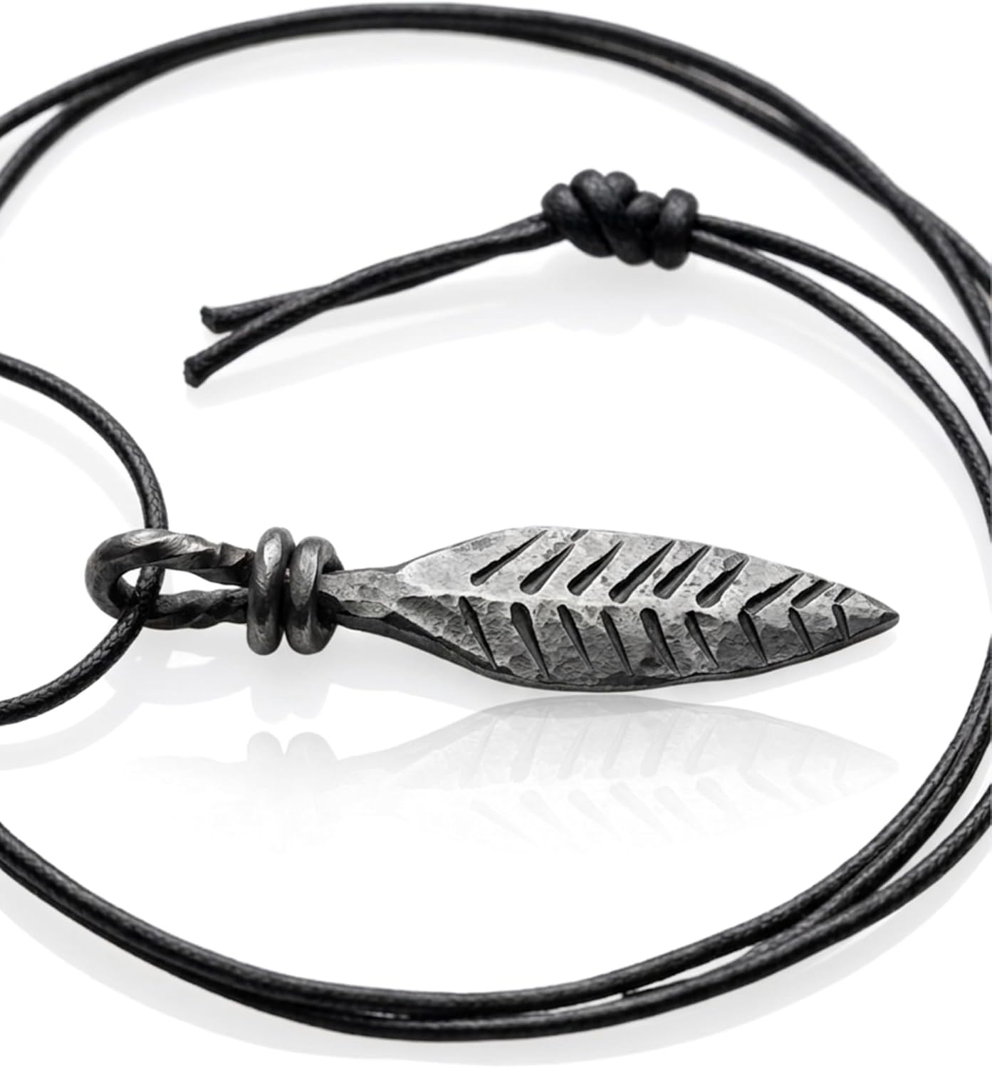 Hand Forged Wrought Iron Long Leaf Inspired Necklace with Pure Leather Rope | Handmade Rustic Iron Pendant | Adjustable Cord | Unique Artisan Jewelry Gift for Men & Women