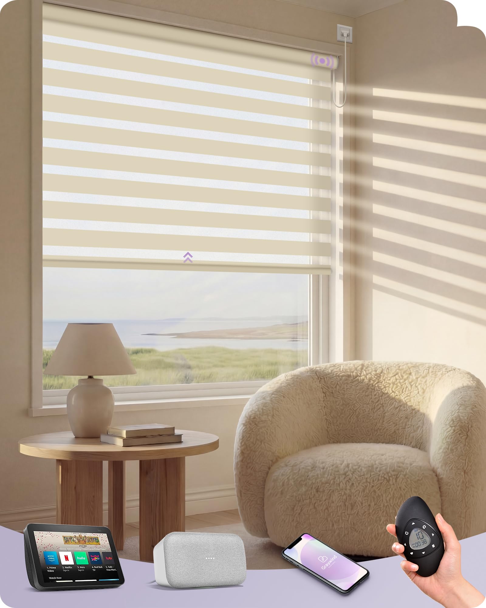 Graywind Motorized Zebra Blinds for Windows, Darkening Hardwired Smart Blinds with Remote Control, Dual Layer Custom Zebra Shades Work with Alexa,