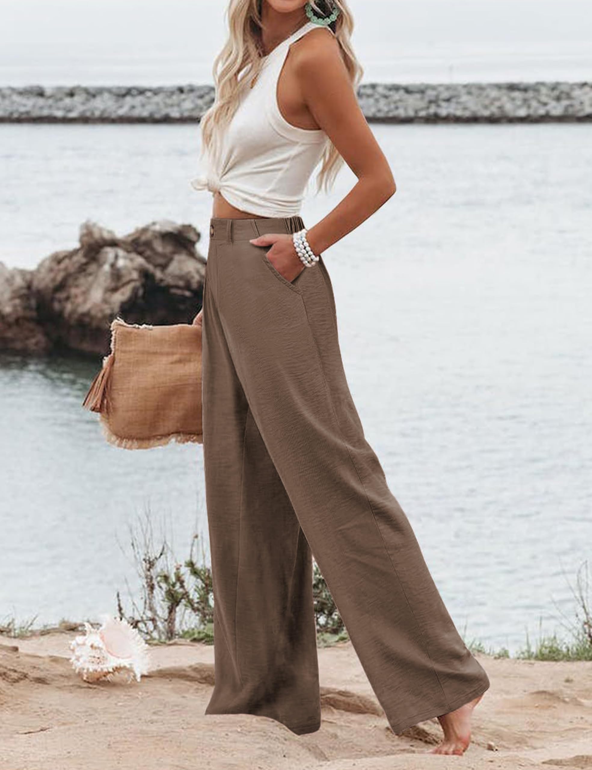 Hooever Womens Cotton Linen Pants Casual Button Up High Waisted Wide Leg Trousers