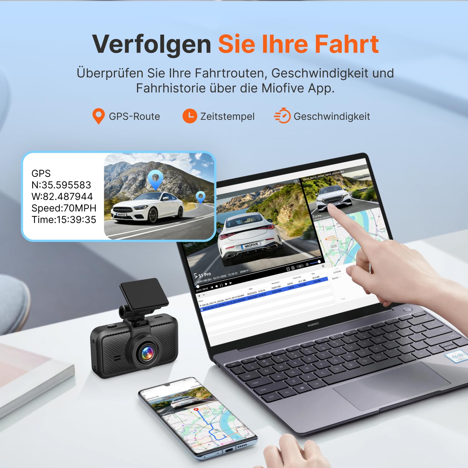 Miofive Dashcam für Front- und Rückkamera 4K/2K, GPS, WiFi, Bluetooth, 3-Zoll-IPS-Display, Nachtsicht, Loop-Aufnahme, HDR, App-Steuerung und unterstützt bis zu 512 GB mit einer kostenlosen 32-GB-Karte