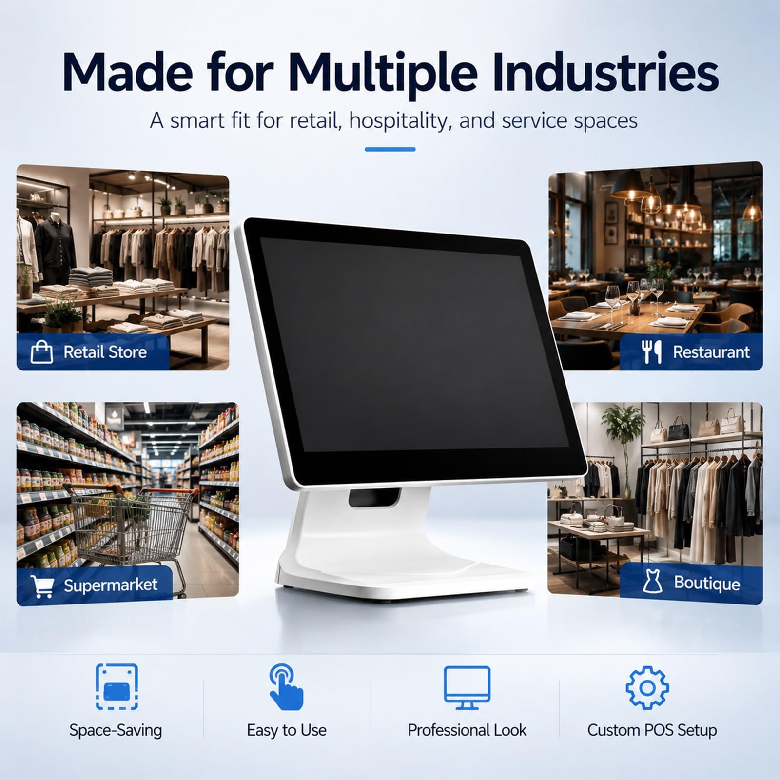 Registratore di Cassa Intelligente for Negozi, Terminale POS | Controlla Stock, 15.6" Touch, 64GB SSD, Raffreddamento, Supporto Inclinabile, per Panetterie