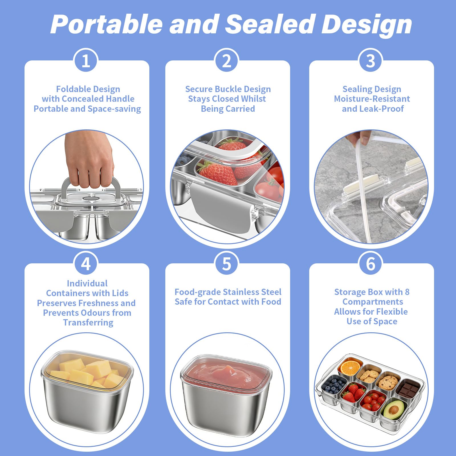 Caja de aperitivos con 8 compartimentos de acero inoxidable, bandeja para aperitivos con tapa y asa, lavable en el lavaplatos, para diversas frutas, aperitivos y postres
