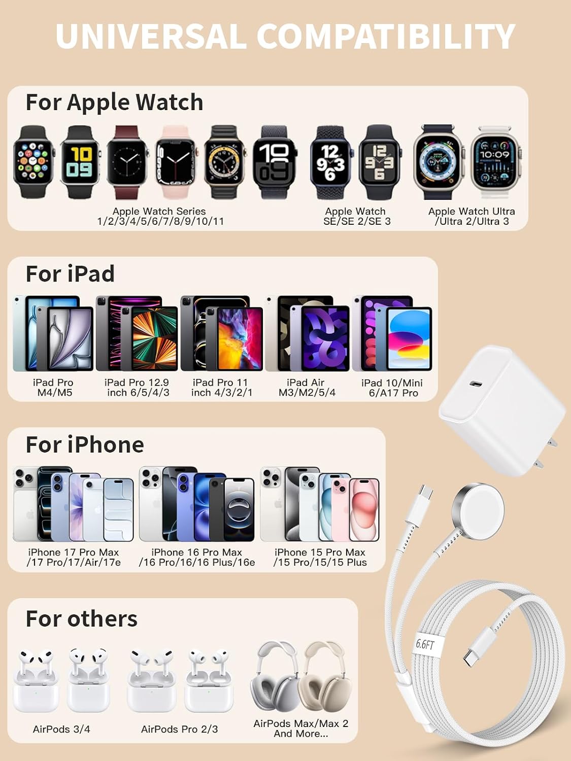 Apple Watch Charger,[MFi Certified] 2 in 1 20W iPhone Watch Charger USB C Block Cube Fast Charging 6.6FT Wireless Charger Cable Cord for iWatch 11/10/9/8/7/6/5/4/3/2/1/SE/Ultra,iPhone 17/16/15 Pro Max