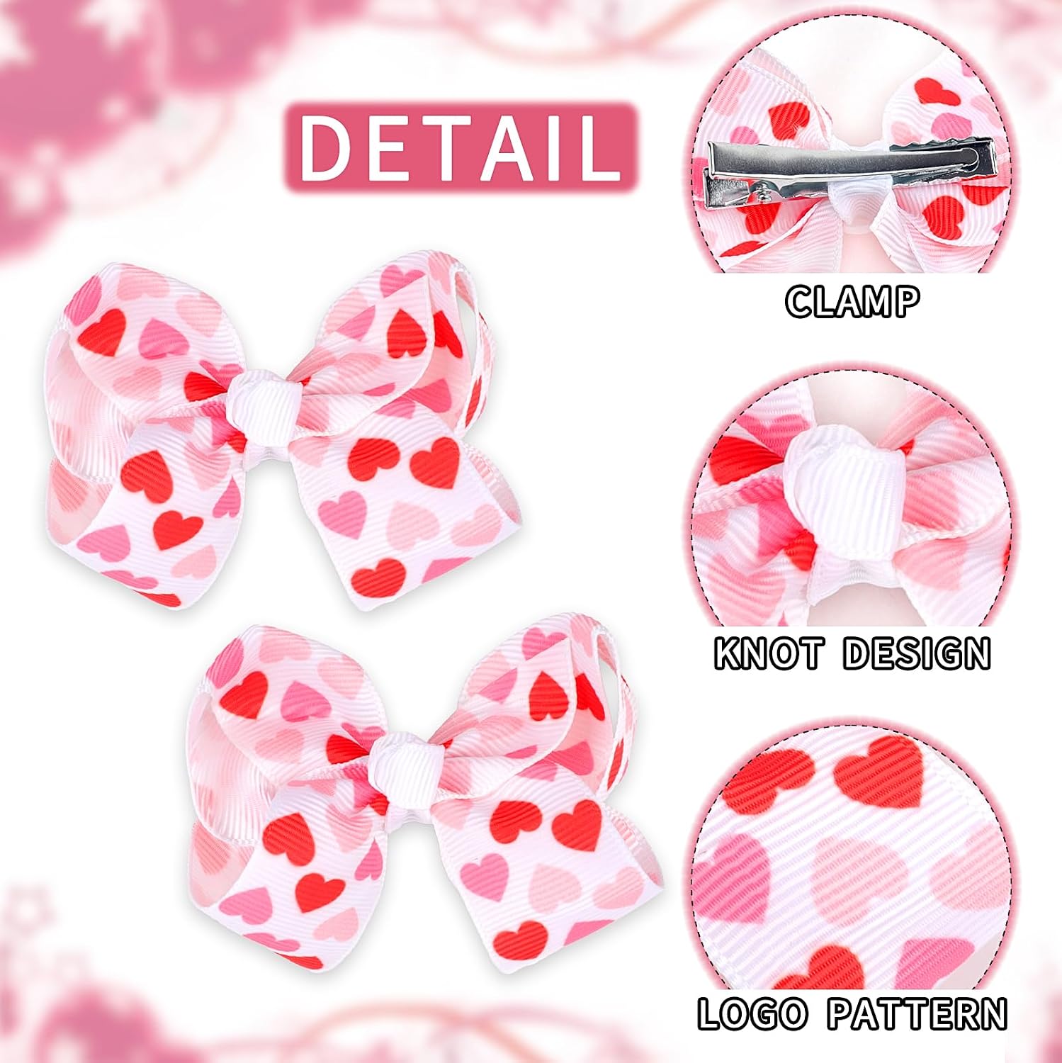 QDTK Valentines Bows Hair Clips 2Pcs Pink Red Heart Hair Barrettes White Ribbon Bow Hair Pins Cute Valentines Hair Accessories for Women Girls Valentine’s Day Party Supplies image 4