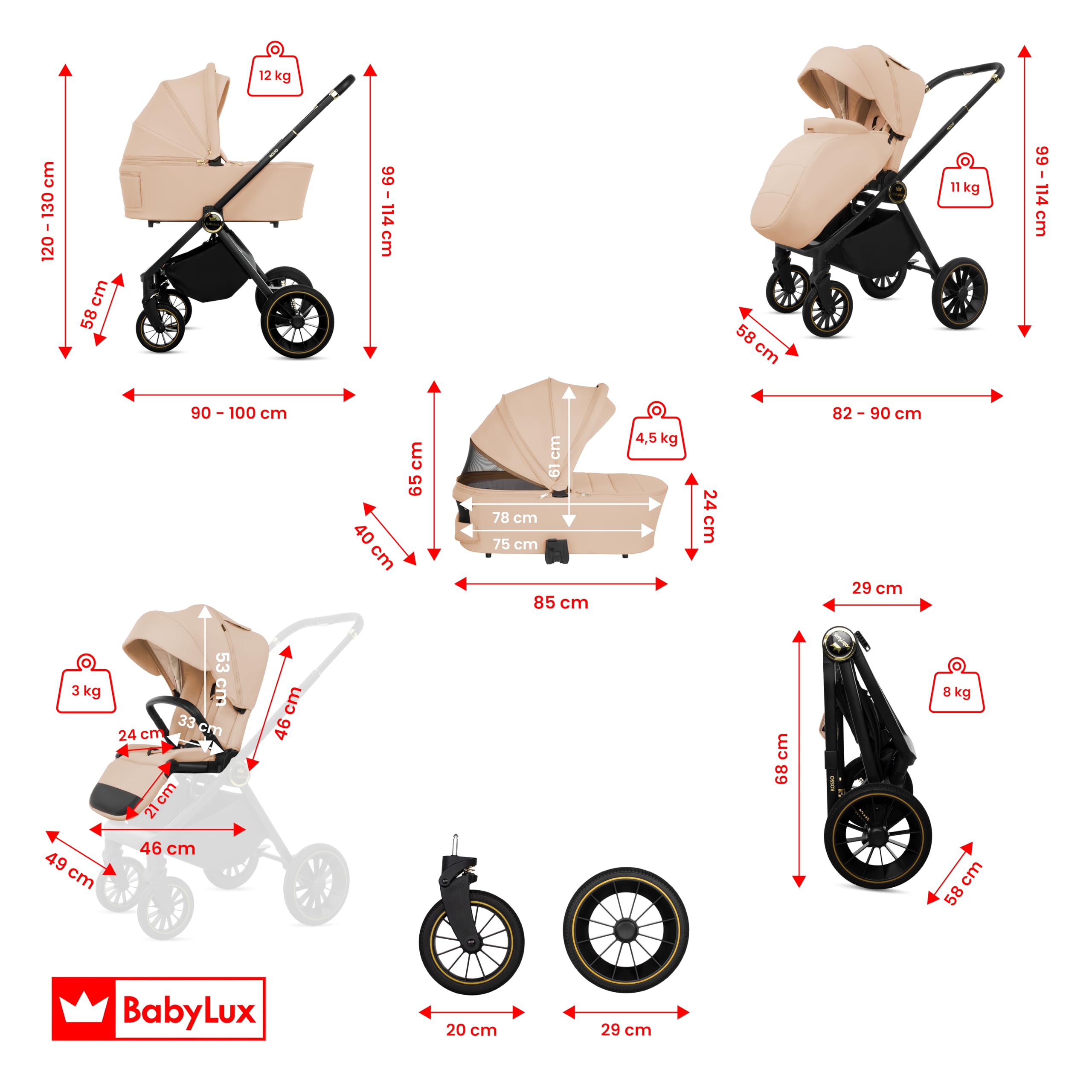 BabyLux Poussette 3en1 Set Rosse, Pliable Léger Poussettes Combinées Baignoire Bébé, Buggy Siège Sport, Coque Bébé I-Size, 4 Positions Couchage, 0-22kg