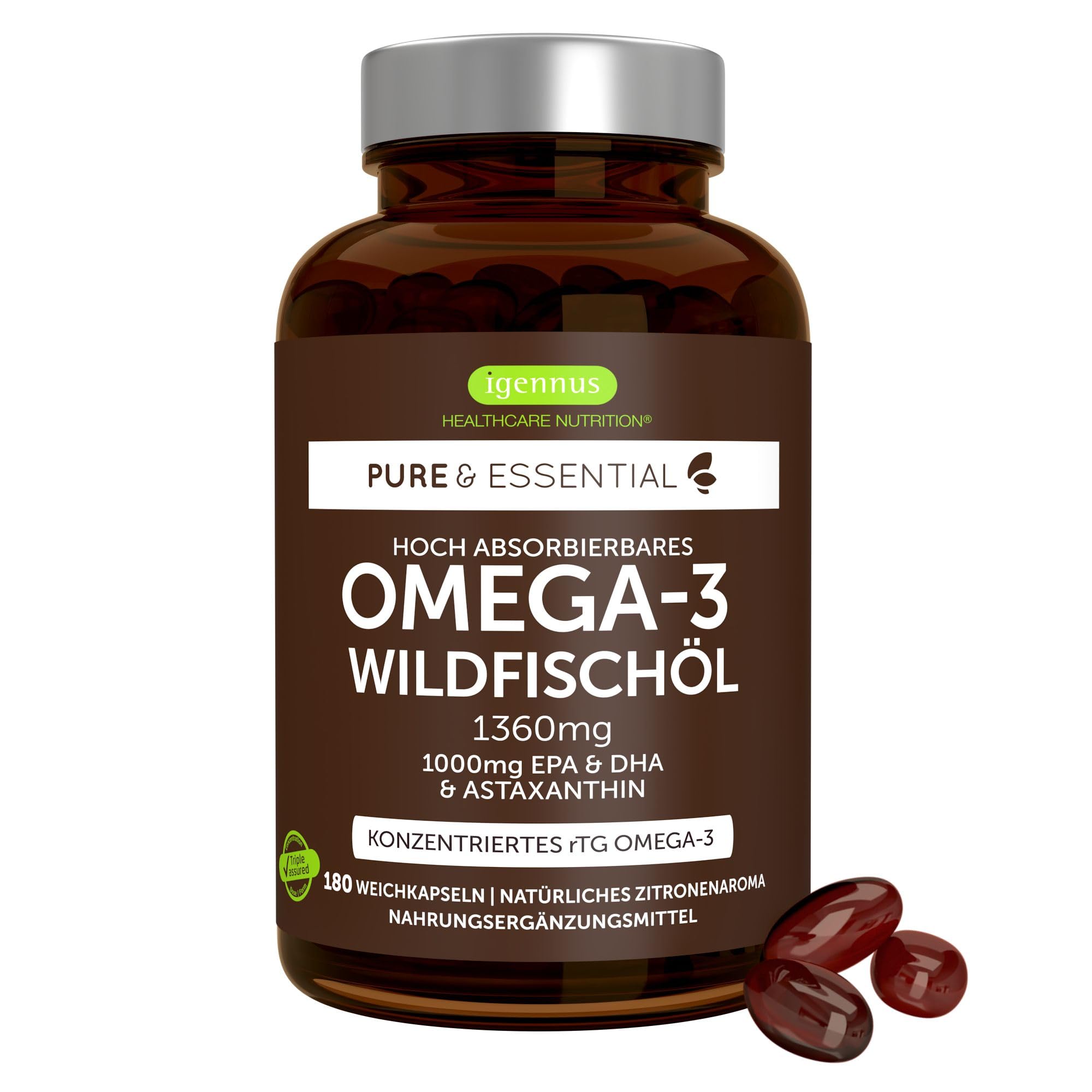 Igennus Hochwertigstes Omega-3 Wildfischöl 1360mg & Astaxanthin | Triglyceridform rTG, 1000mg EPA- und DHA-Fettsäuren, ultra rein; frei von Umweltgiften, Zitronengeschmack, 180 Weichkapseln