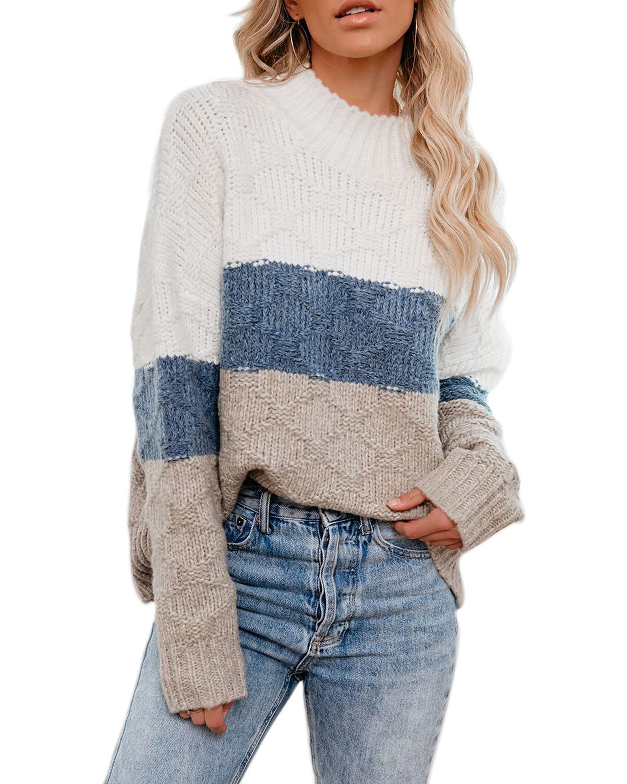 ANCAPELION Womens Casual Sweater Pullover Winter Cozy Long Sleeve Turtleneck Jumpers Color Block Knit Pullover Top Loose Fit