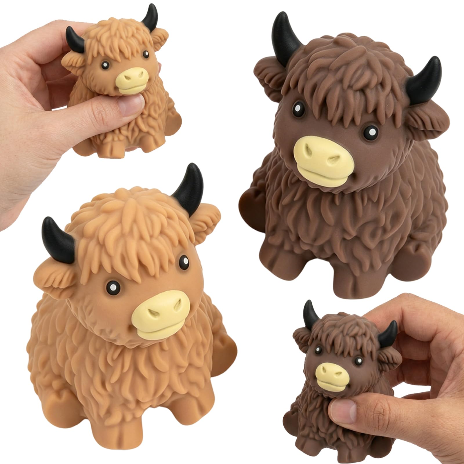 2 Pcs Giant Highland Cow Squishy, 3.1inch Jumbo Soft Squeeze Fidget Stress Balls for Adults, Adorable Soft Highland Cow Figure for Desk Decor, Easing Emotions and Relaxing The Mind