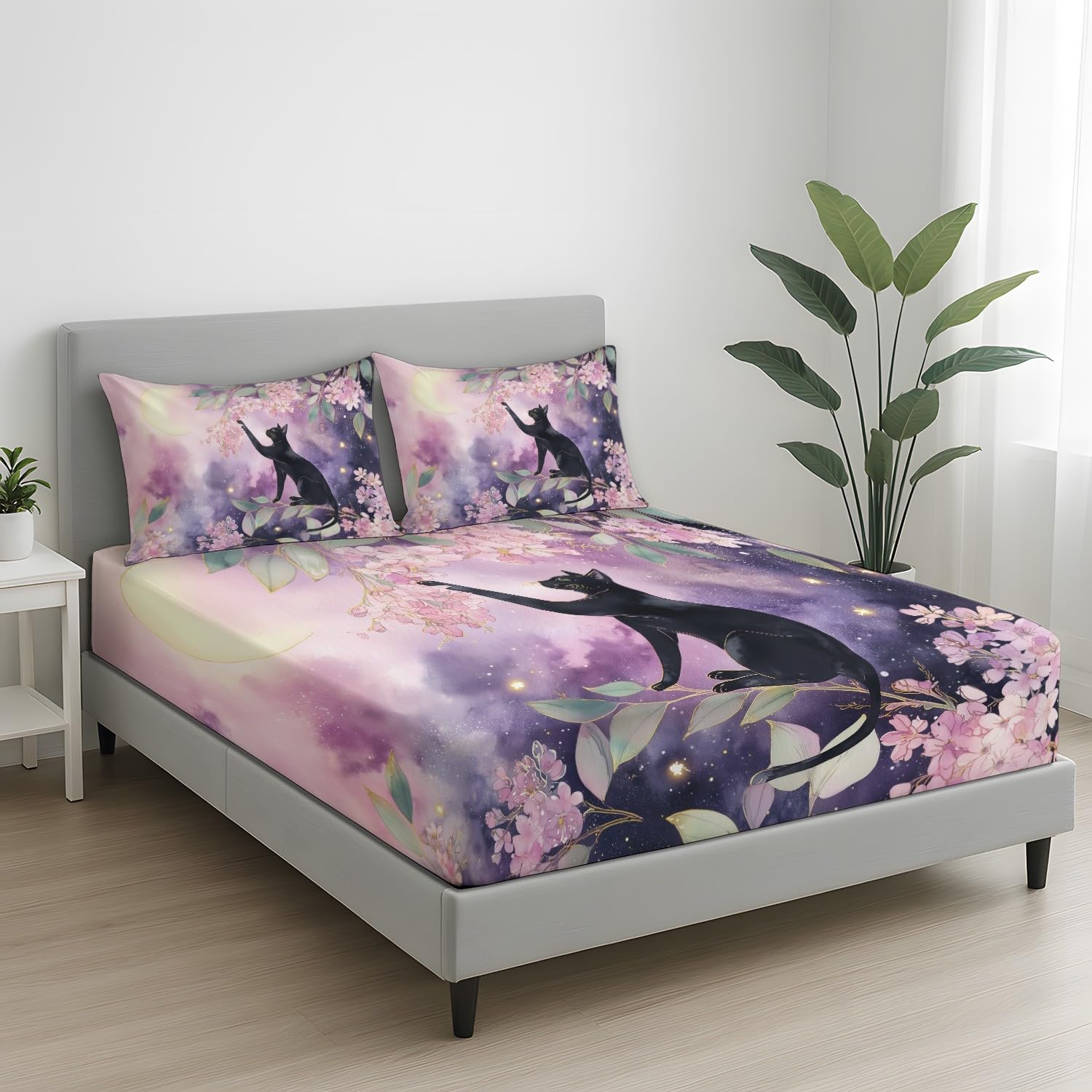 Juego de sábanas bajeras de microfibra transpirable con diseño de gato negro y flor de cerezo y luna, 30 cm de profundidad, para decoración de habitación de niños y adolescentes, 180 x 200 cm