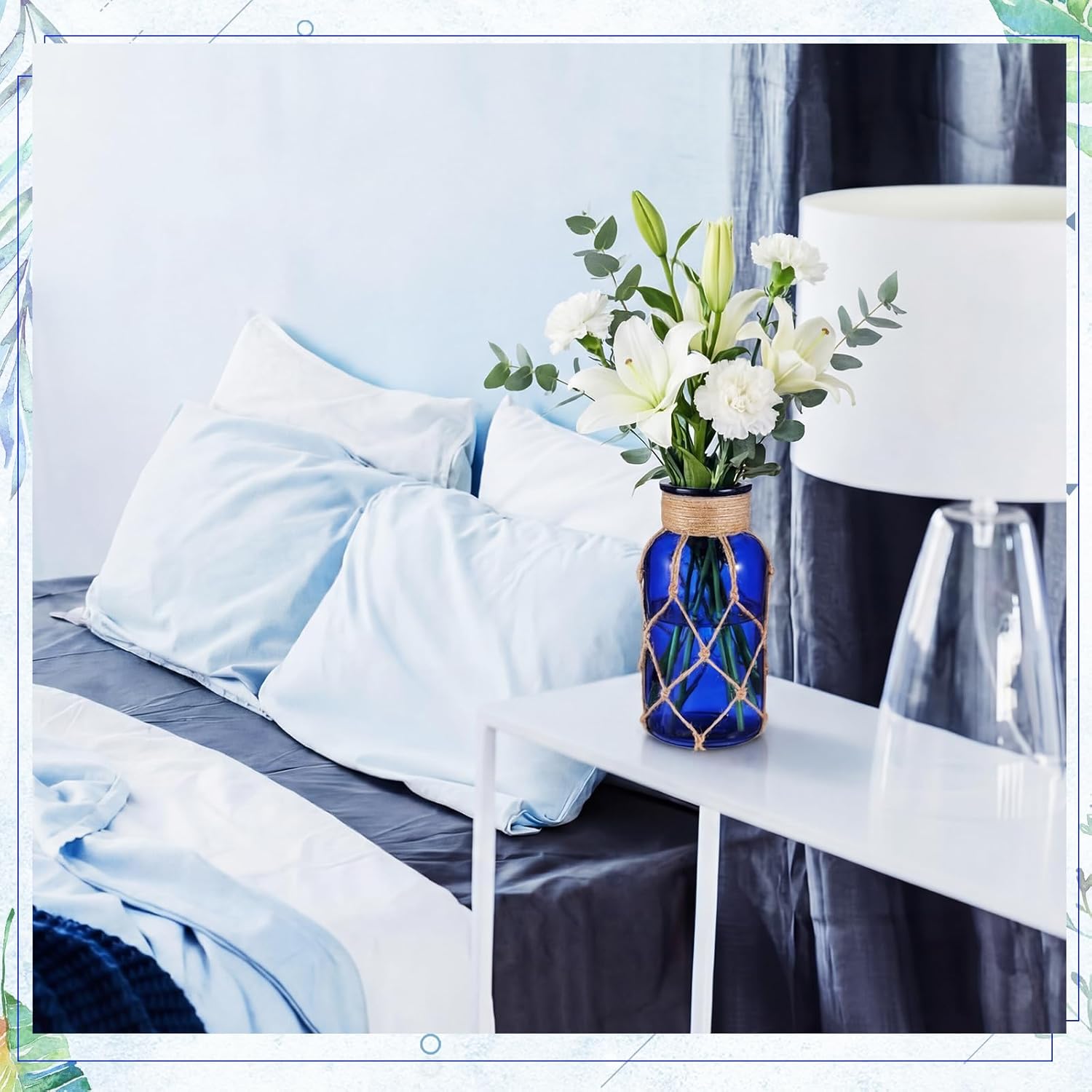 Chuangdi Set of 2 Coastal Glass Vases for Flowers TSITP Flower Vase with Boho Rope Small Sea Glass Jar Nautical Beach Bottle for Wedding Table Centerpieces Floral Arrangement Decor(Deep Sea Blue)