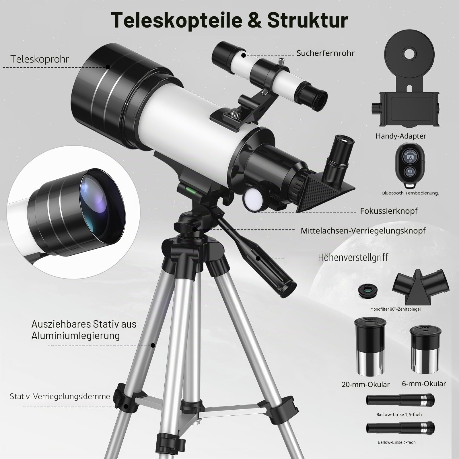 Astronomisches Teleskop Refraktor 70/300 mm, FMC Hohe Übertragung, Vergrößerung 15-150X, verstellbares Stativ, Telefonhalterung & Bluetooth-Fernbedienung, für Anfänger in der Astronomie, Erwachsene