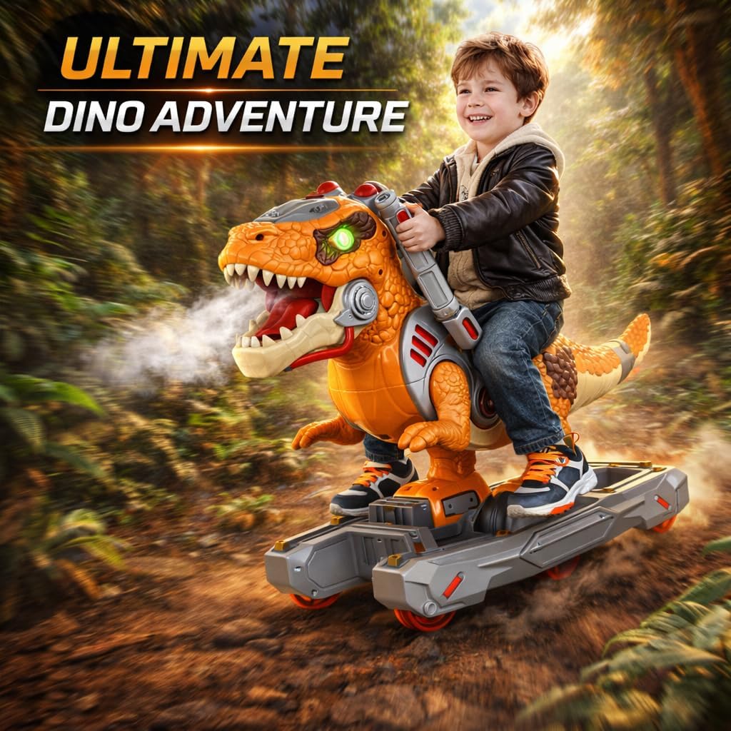 Dinosaur Ride On Push Car for Little Kids, Battery Operated Push & Ride Electric Foot-to-Floor Sliding Rideable Toy Scooter with Music, Light & Smoke for Toddlers