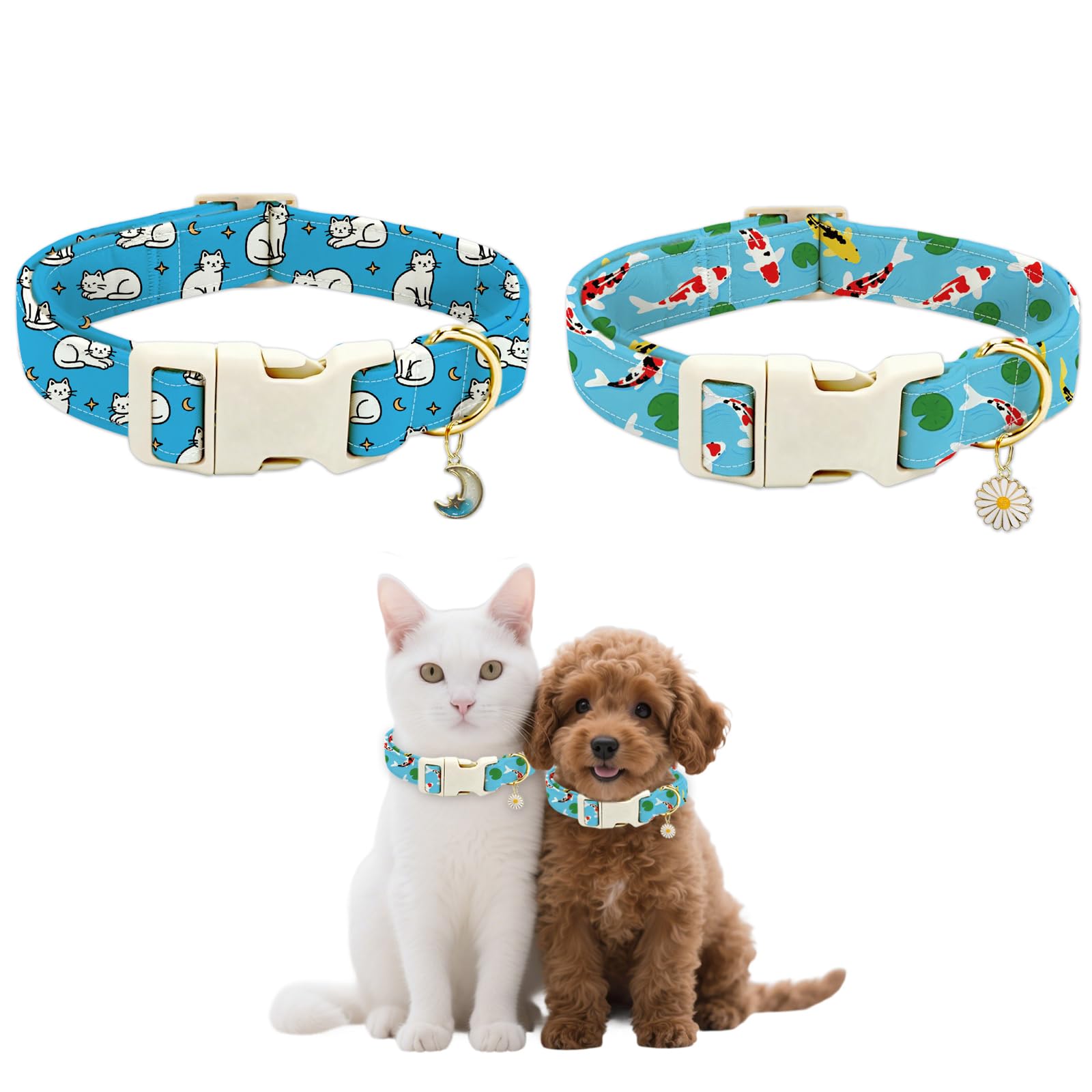 GLOBLELAND 2 Pcs Cats and Fish Dog Collar with Quick Release Buckle