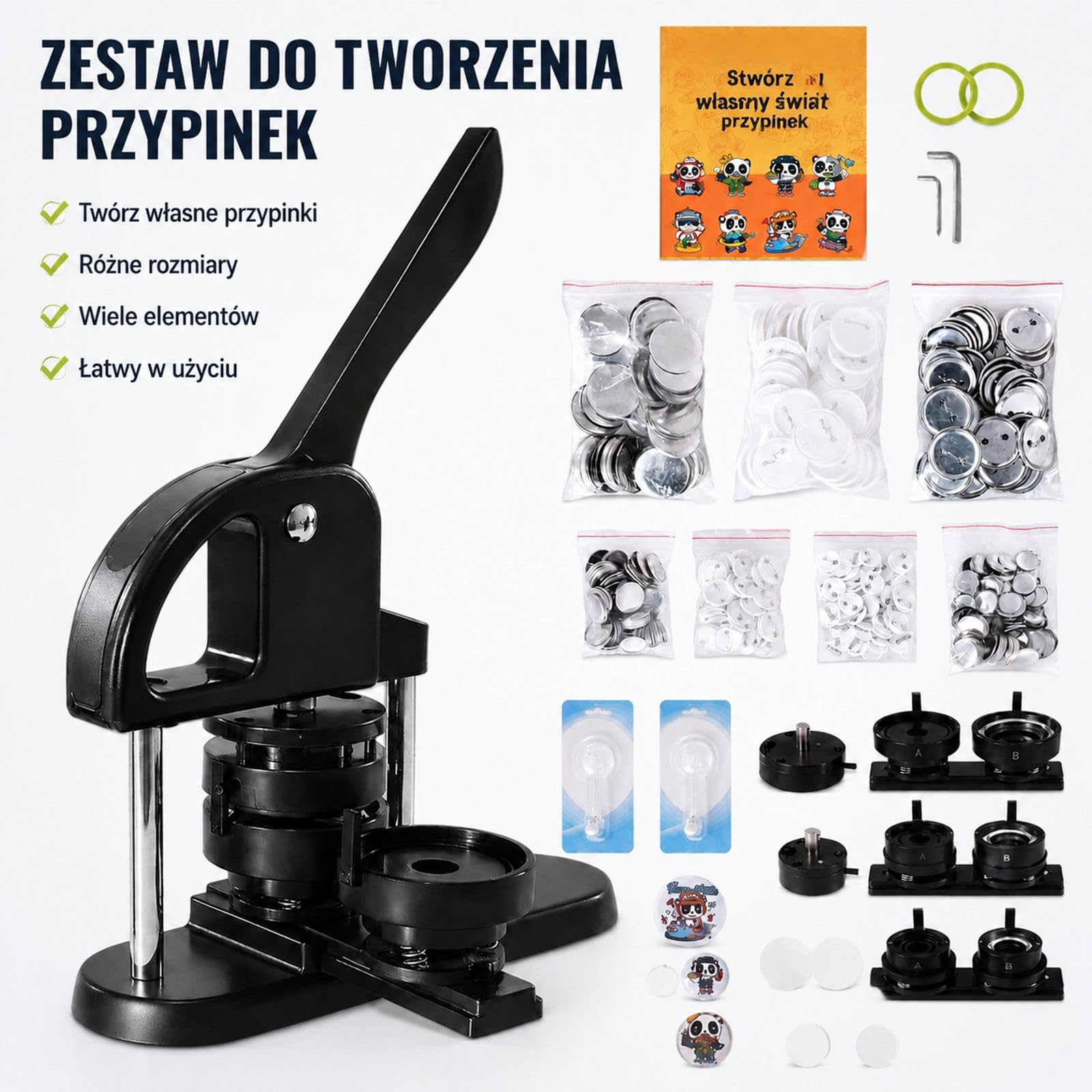 Prasa do przypinek 3 w 1 z plastikową obudową, czarno-pomarańczowa, matryce i akcesoria DIY