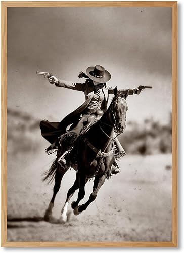 Lienzo enmarcado de vaquero occidental para pared, póster vintage de vaquera, pistolero retro a caballo, sepia, pintura sobre lienzo impreso del