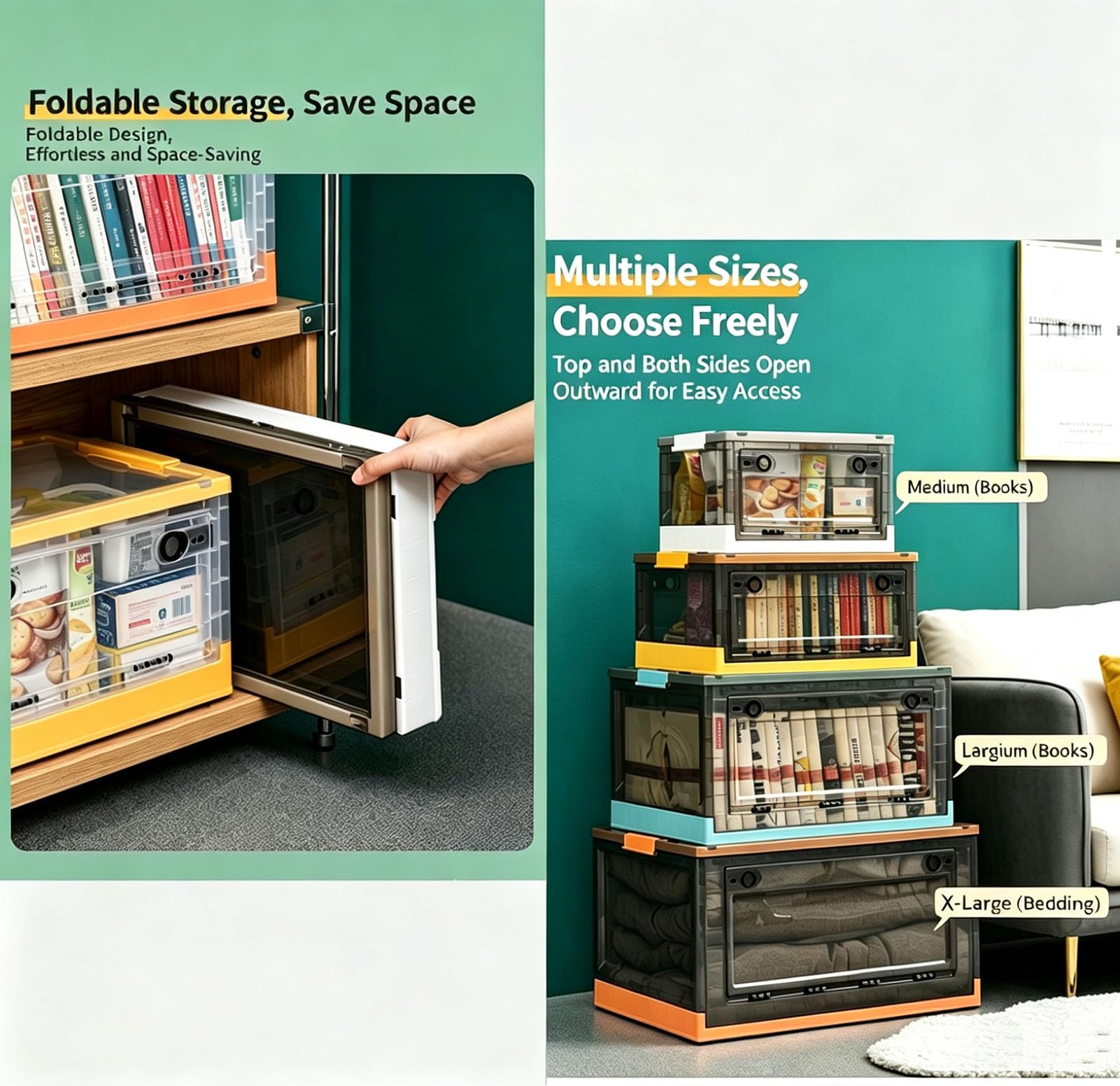 Caisse de Rangement Pliable et empilable avec Ouverture latérale, roulettes et Couvercle, boîte Transparente Gain de Place pour Livres, vêtements et Jouets,Orange,XL