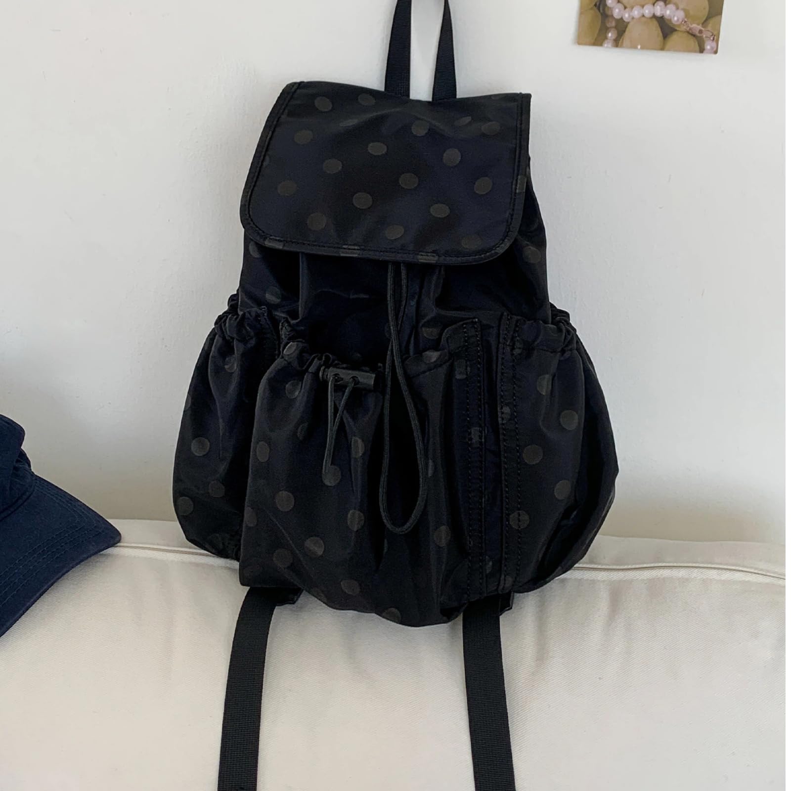 Little Dot Mochila Nylon Ligera Cordón Lunares Escolar Diaria(Café)
