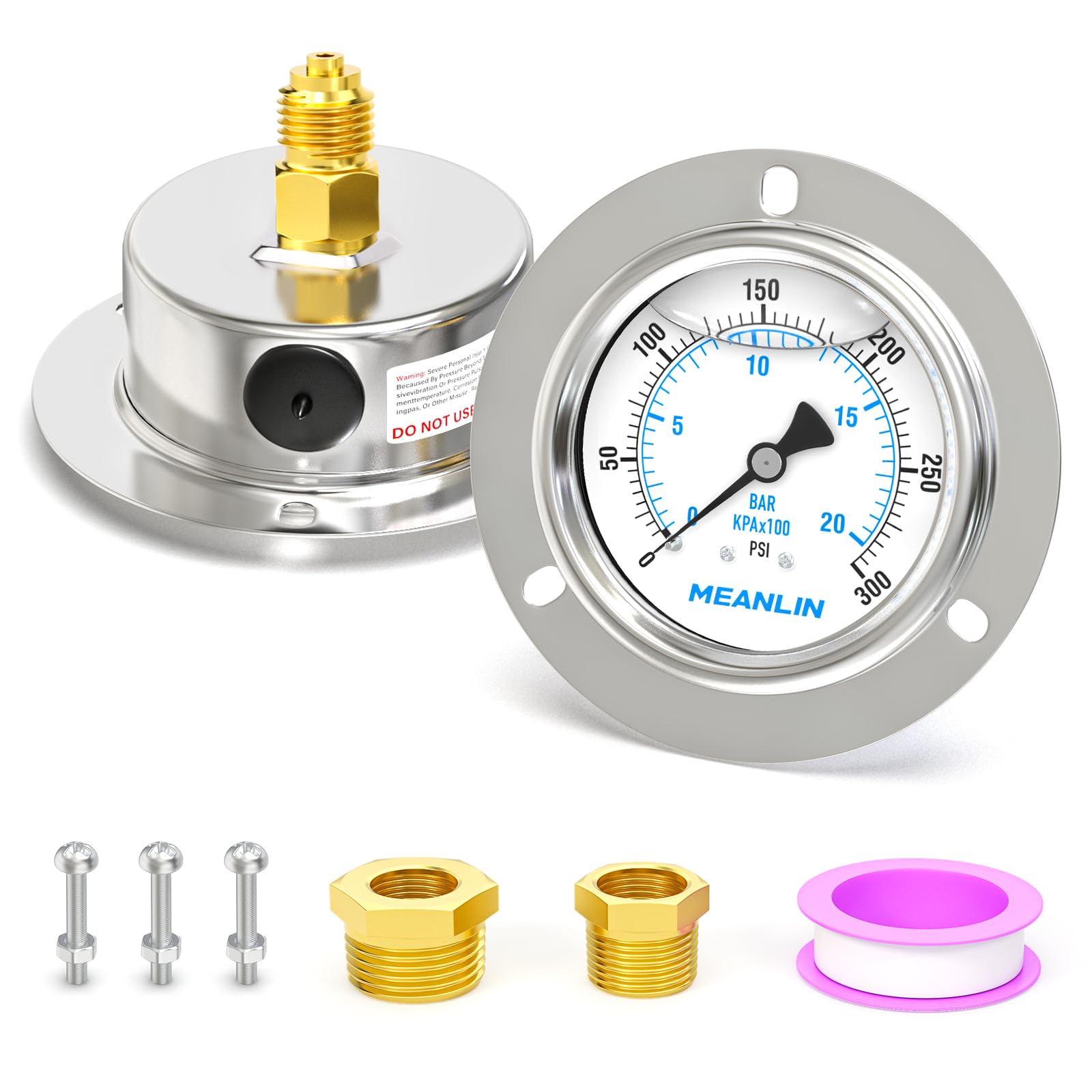 MEANLIN MEASURE 0~20BAR/300PSI Manomètre à liquide, montage sur panneau à bride avant, boîtier en acier inoxydable 1/4"BSP 2.5" FACE DIAL avec vis et écrou Phillips, +/-3-2-3%.