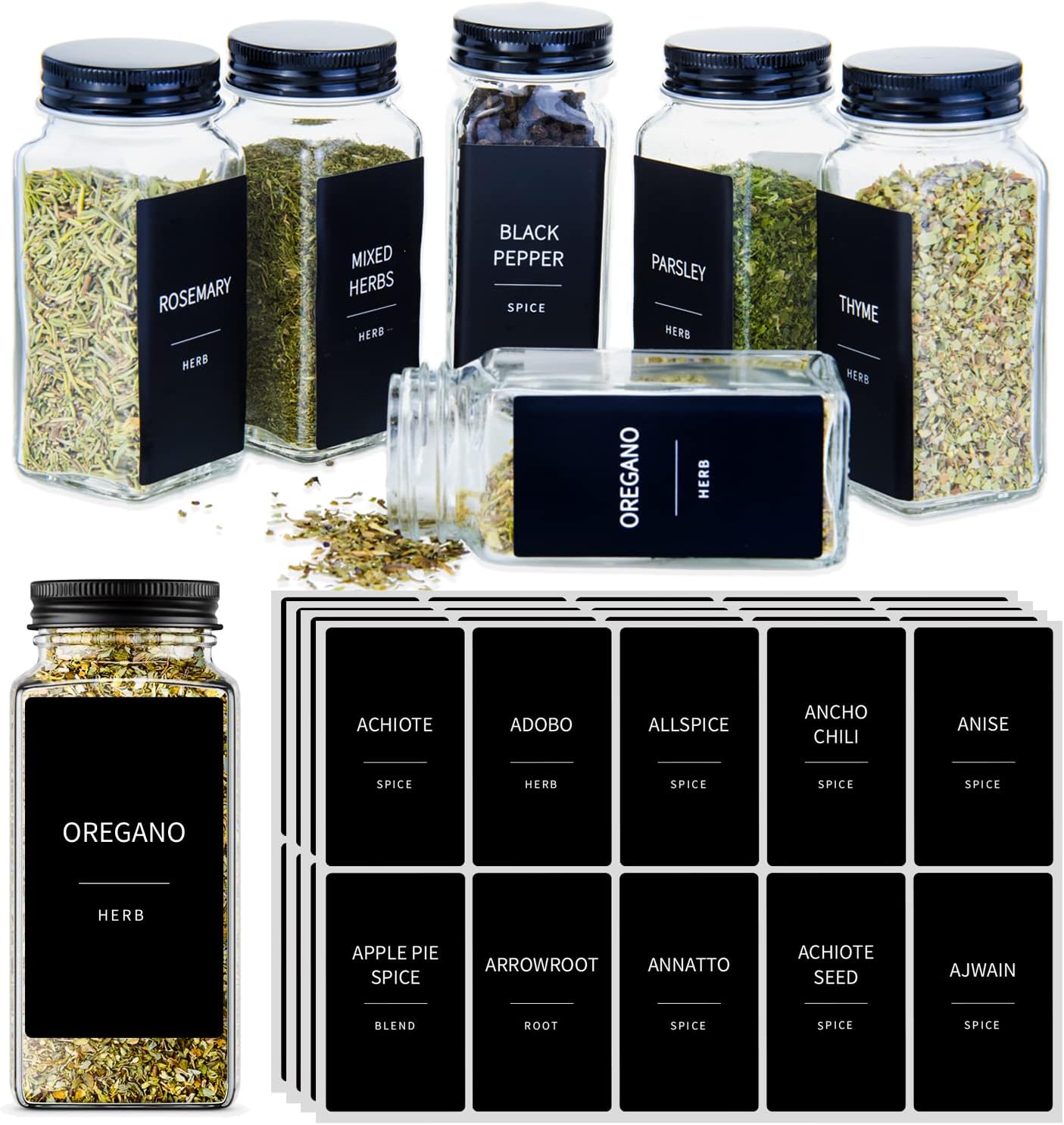 V2croft 184 Square Spice Jars Lables, Waterproof Seasoning Stickers For Glass Container & Canisters, Black Matte Sticker White Text, Spice Rack Organization-Include Expiration Date Lables