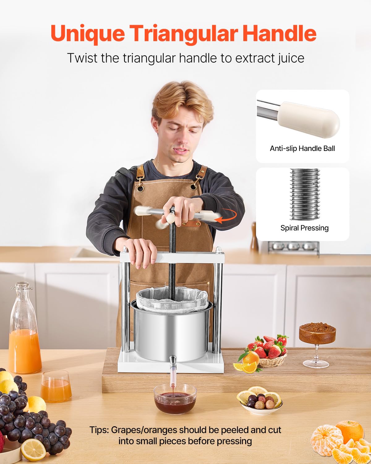 VEVOR Pressa Manuale per Vino di Frutta Cesto in Acciaio Inox 5L con Manico, Spremiagrumi Manuale per Bevande Alcoliche Pressa per Sidro, Mela, UVA, Tintura, Miele, Olio d'Oliva Cucina, Casa