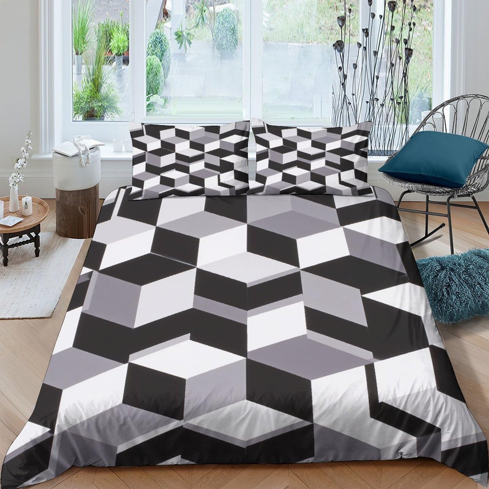 Ctjqhvkz Style-4 3D Printed Geometric Cube Fitted Sheet Microfiber Soft Black White Grey Bed Cover For Bedroom Guest Room Decor Single（135X200cm）