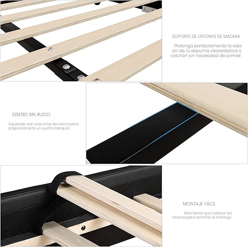 Miniatura 8 de TTVIEW Moderna base de cama tapizada de piel sintética con decoración de metal de hierro, cabecera curvada ajustable, soporte de listones de madera,