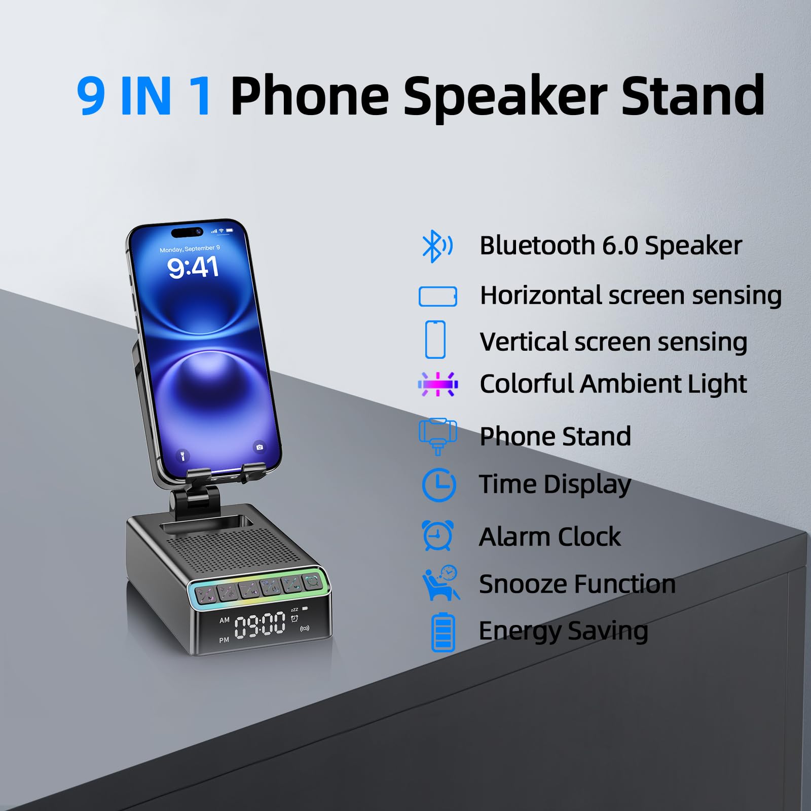 Altavoz Bluetooth con soporte para teléfono móvil, 9 en 1, caja de música Bluetooth 6.0 (horizontal/vertical), soporte de inducción, estéreo envolvente, despertador/luz nocturna, regalo para hombres y