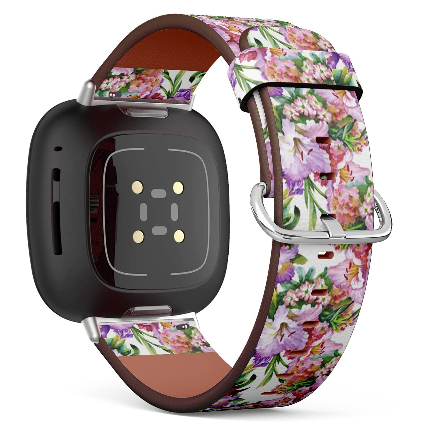 CJBROES Replacement Leather Watch Band, Compatible with Fitbit Versa 3 and Fitbit Sense of Wristband Bracelet Accessory - Watercolor Floral Pink