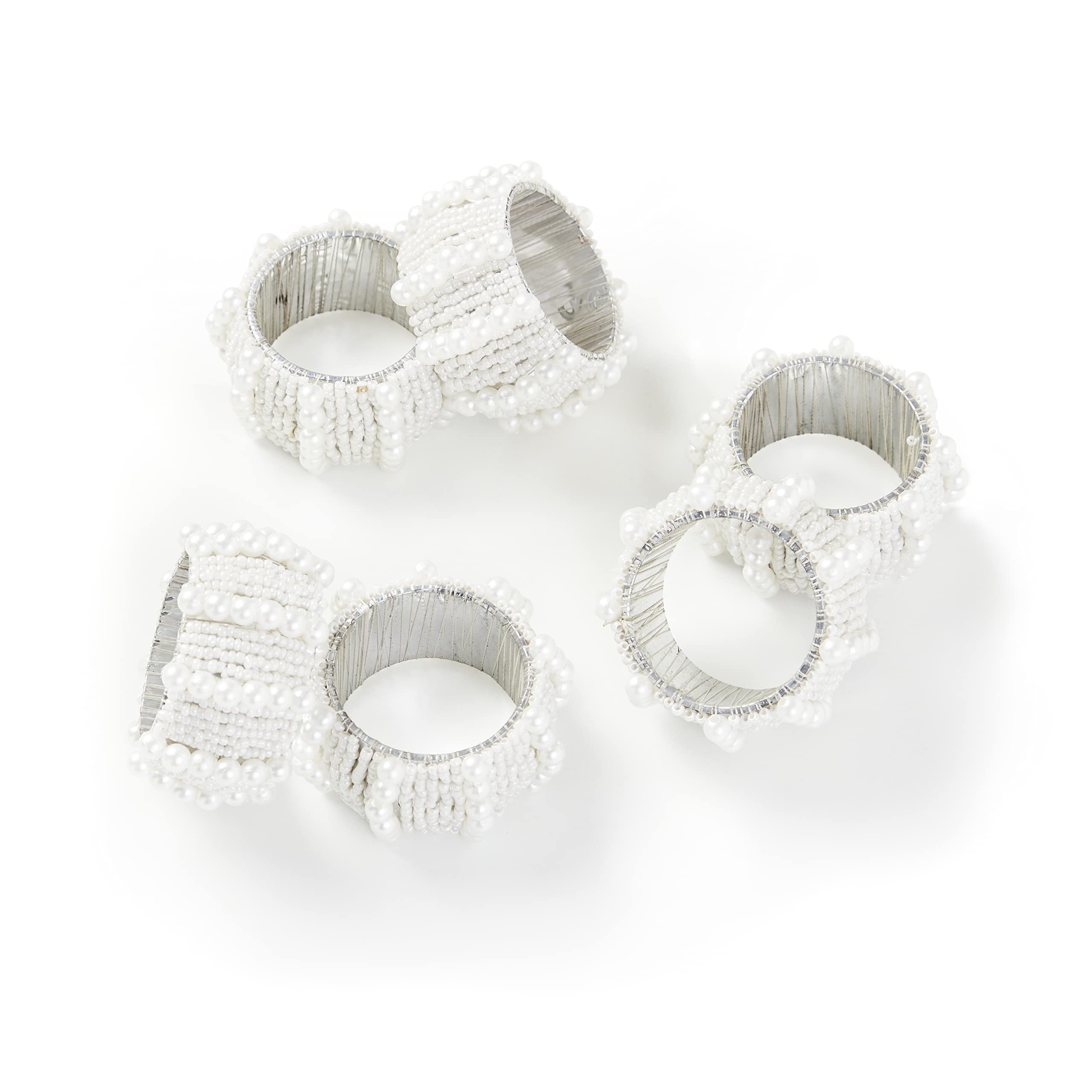 Penguin Home Set of 6 Handcrafted Pearl Style Beaded Napkin Rings/Napkin Buckles/Table Decor for Dinner Wedding Party/Thanksgiving, Christmas/Size - 6 x 6 x 3 cm/White