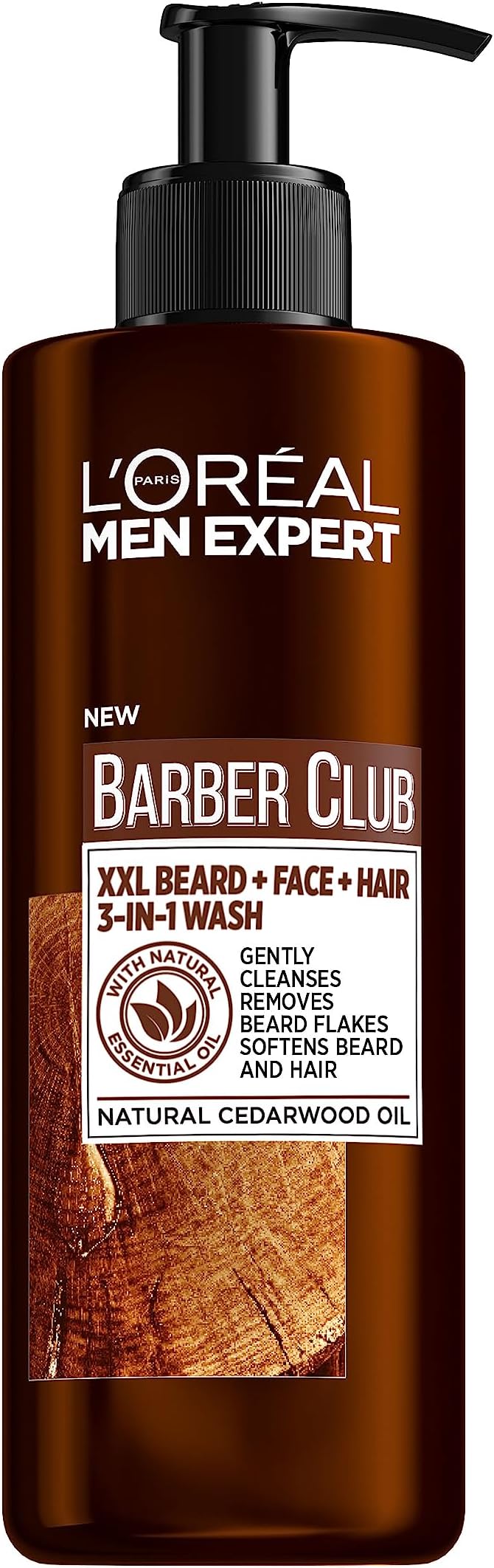 L'Oreal Men Expert 3-In-1 Beard, Hair & Face Wash, Deeply Cleanses, Removes Beard Flakes, Residue & Odours, Leaves Beard Soft & Skin Clean, Barber Club, 200ml